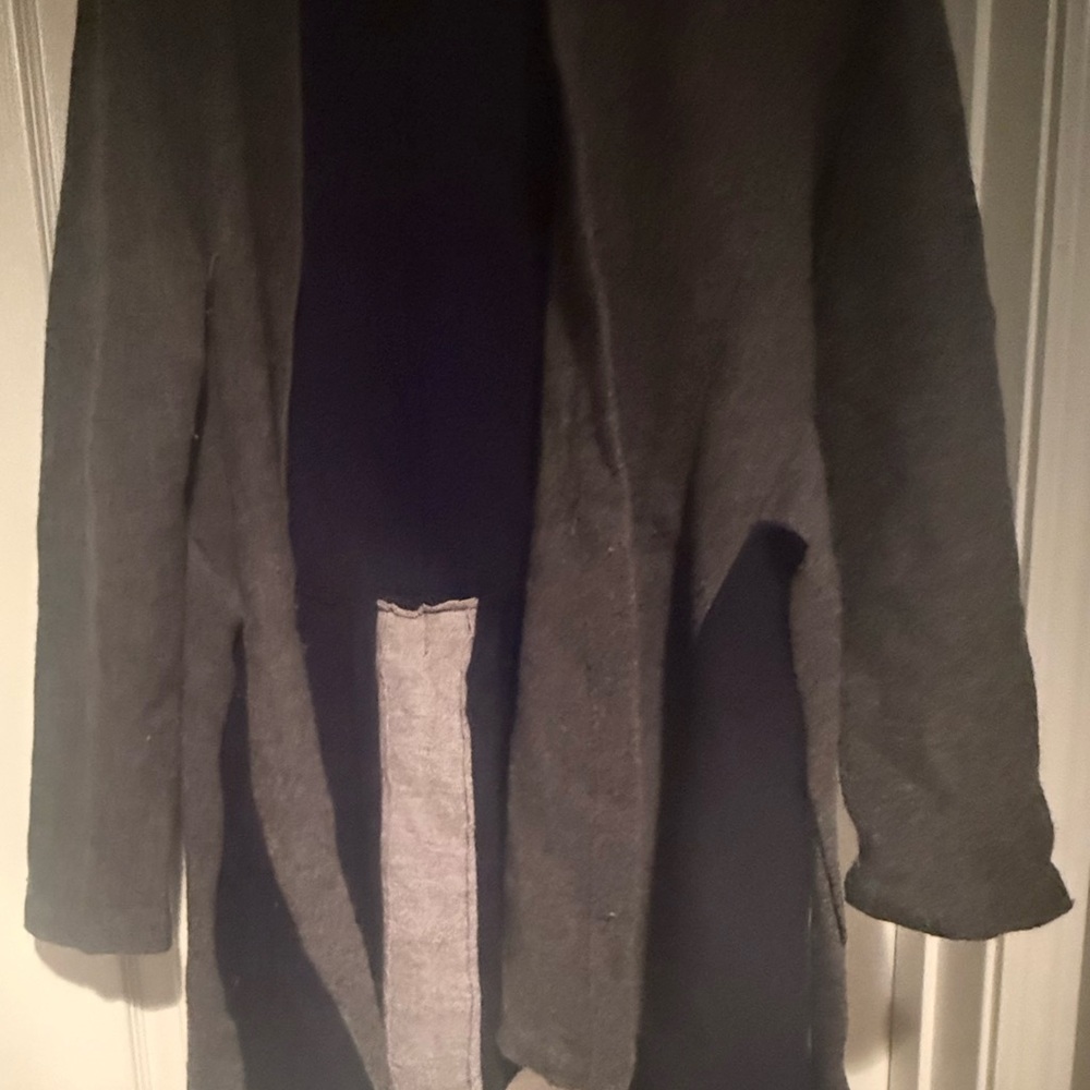 ANTHROPOLOGIE Denisse Wool Sweater Coat Wrap Cardigan Lagenlook L Gray Navy